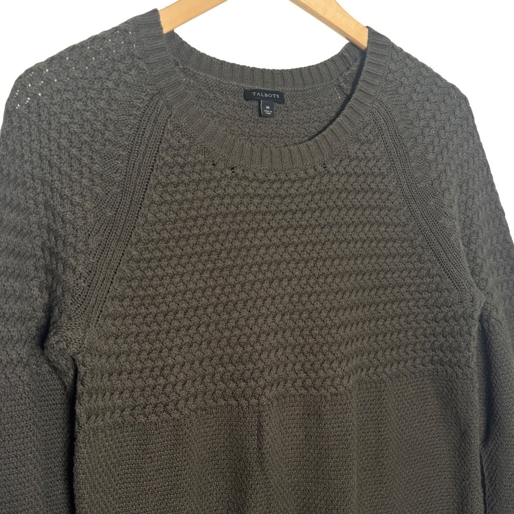 Talbots Sweater Medium Crew Neck Knit Sweate‎ Olive Green Long Sleeve
